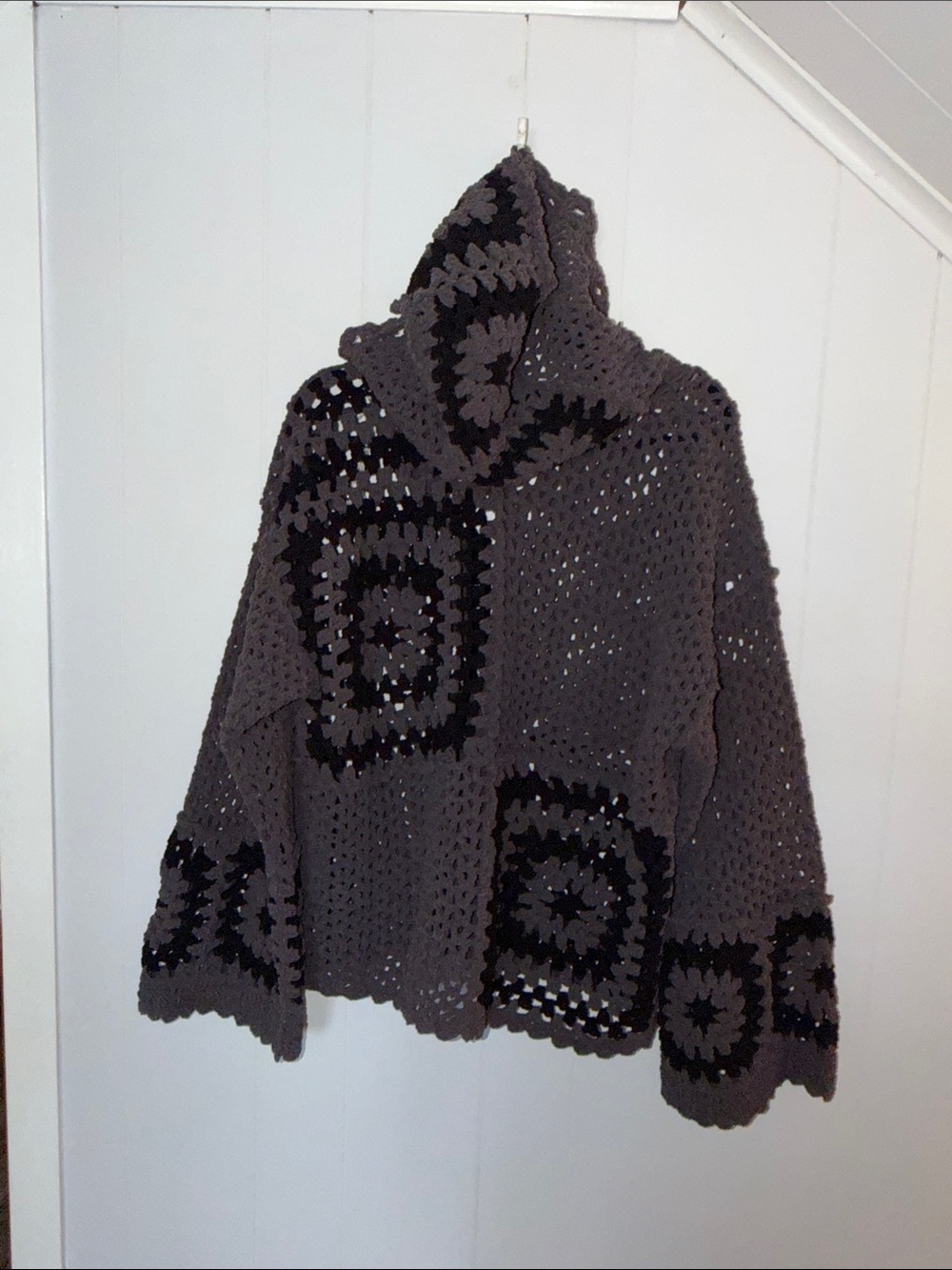POL Charcoal Crochet Button‑Front Cardigan Sweater Knit Squares Size L - Picture 9 of 13